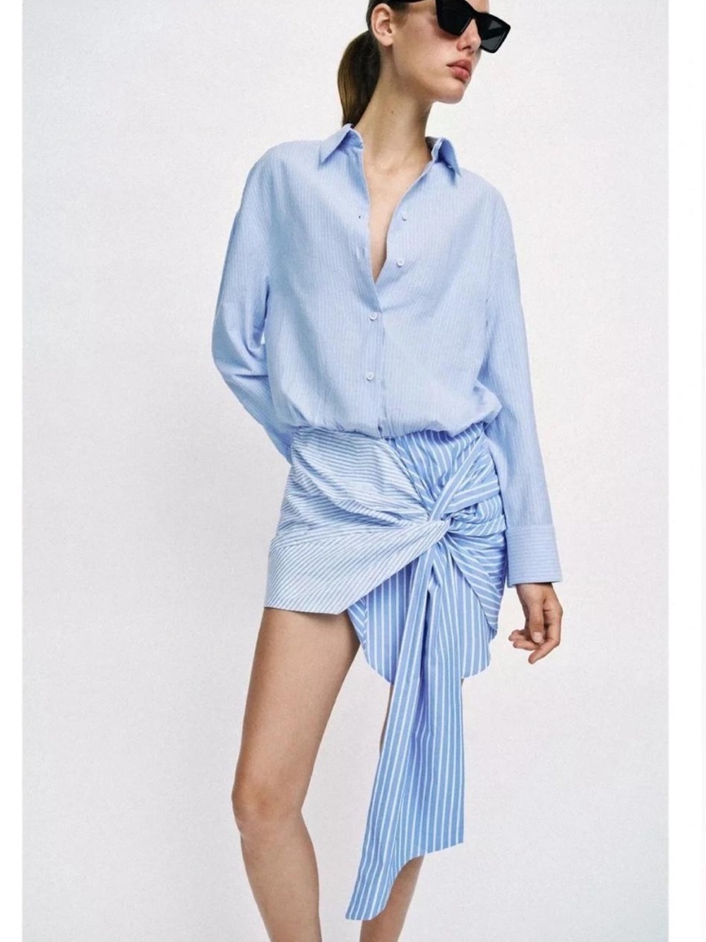 Zara Light Blue Striped Midi Dress with Draped Knot Detail